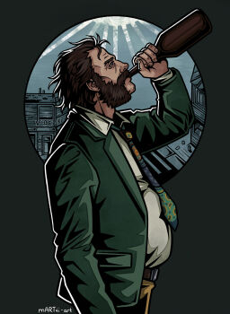 1boy backlighting belly belt blazer bottle brown_hair commentary cowboy_shot crow's_feet disco_elysium drinking english_commentary exhausted facial_hair from_side green_jacket hair_slicked_back hand_up harry_du_bois highres holding holding_bottle horrific_necktie jacket male_focus martii-chan mutton_chops shirt shirt_tucked_in white_shirt wrinkled_skin