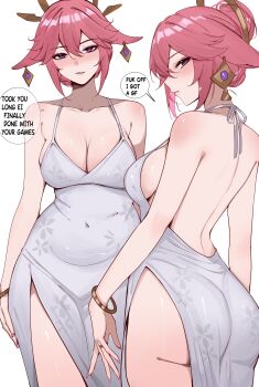 1girl absurdres animal_ears arnkun ass back backless_dress backless_outfit bare_shoulders blush bracelet breasts cleavage closed_mouth collarbone commentary covered_navel dress earrings english_text fox_ears gem genshin_impact grey_dress hair_between_eyes highres jewelry large_breasts looking_at_viewer multiple_views no_panties parted_lips pink_hair purple_eyes purple_gemstone sideboob simple_background sleeveless sleeveless_dress spaghetti_strap speech_bubble white_background yae_miko