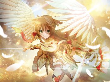 1girl angel angel_wings archangel_michael archangel_michael_(cosplay) arm_guards armor breasts cleavage closed_mouth cosplay daiba_nana dual_wielding fake_wings falling_feathers feathered_wings feathers game_cg green_eyes headpiece holding holding_sword holding_weapon looking_at_viewer medium_breasts midair official_art short_hair short_twintails shoujo_kageki_revue_starlight shoujo_kageki_revue_starlight_-re_live- shoulder_armor solo sword twintails weapon white_wings wings