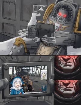 1boy 2girls :3 :d =_= animal_hood armor artist_name bed blue_eyes blue_hair burlyswing clenched_teeth commentary crossover crying drawstring english_commentary frieren game_screenshot_background gauntlets gawr_gura gawr_gura_(1st_costume) glowing glowing_eyes grey_hair hair_over_shoulder highres hololive hololive_english hood hood_up meme multiple_crossover multiple_girls on_bed open_mouth pauldrons pewdiepie&#039;s_pubg_livestream_n-word_controversy_(meme) playerunknown&#039;s_battlegrounds pointy_ears power_armor reclining red_eyes scar scar_on_face screenshot_background shark_hood shoulder_armor smile sousou_no_frieren teeth twintails twitter_username tyberos_the_red_wake virtual_youtuber warhammer_40k wolverine_crush_(meme)