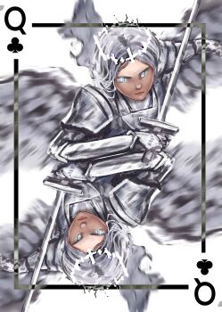 1girl absurdres armor card commentary crown english_commentary feathered_wings grey_eyes highres holding holding_sword holding_weapon long_hair looking_to_the_side nephis_(shadow_slave) playing_card queen_(playing_card) queen_of_spades_(playing_card) recurring_image reflection serious shadow_slave sword upper_body weapon white_hair white_wings wings