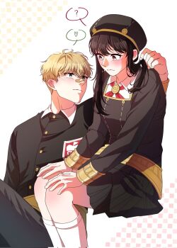 0905yett 1boy 1girl aged_down black_dress black_hair blush breasts collared_shirt commentary_request couple dress eden_academy_school_uniform gold_trim green_eyes hetero highres korean_commentary long_hair long_sleeves red_eyes school_uniform shirt short_hair sidelocks spy_x_family twilight_(spy_x_family) yor_briar