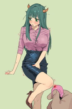1boy 1girl :o averting_eyes bare_legs black_skirt blush breasts brown_shoes commentary controller covering_crotch covering_privates demon_horns english_commentary green_background green_hair high_heels highres holding holding_remote_control horns large_breasts long_hair looking_to_the_side nahia_(some1else45) official_alternate_costume original pencil_skirt pink_shirt pov pov_hands remote_control remote_control_vibrator saliva sex_toy shirt shirt_tucked_in shoes simple_background skirt some1else45 standing standing_on_one_leg straight_hair sweat vibrator