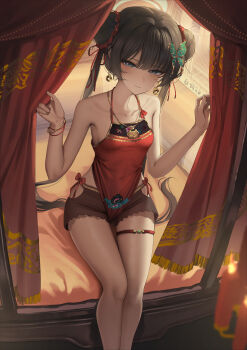 1girl absurdres artist_name aya_san bare_legs bed bilibili_username black_hair black_shorts blanket blue_archive blue_eyes blunt_bangs bow boxer_briefs bracelet bug burning butterfly butterfly_hair_ornament candle candlestand chinese_ancient_bed chinese_clothes chinese_commentary choker collarbone commentary_request curtains double_bun dudou earrings frilled_hairband frills gauze gold_lock grabbing_curtains green_butterfly hair_bun hair_ornament hair_ribbon hairband halo hands_up highres indoors insect jewelry kisaki_(blue_archive) long_hair looking_at_viewer male_underwear night o-ring o-ring_collar pillow quilt red_bow red_rope ribbon rope shadow shorts signature sitting skinny solo thigh_strap twintails twintails_with_hair_base underwear wedding_night