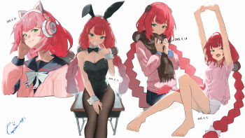 1girl absurdres alternate_costume animal_ear_hairband animal_ear_headphones animal_ears arms_up barefoot black_bow black_bowtie black_leotard bow bowtie braid breasts brown_pantyhose brown_scarf cardigan cat_ear_headphones cat_ears chest_bow cleavage commentary_request dated desk detached_collar fake_animal_ears green_eyes grin hair_ornament hairband hand_to_own_mouth headphones highres leotard long_hair looking_at_viewer low_twin_braids lupinu5 open_mouth pantyhose pink_cardigan pink_shirt pleated_skirt rabbit_ears red_hair scarf school_desk shirt shorts signature simple_background sitting sitting_on_table skirt smile sphere_hair_ornament stretching toenails twin_braids ukinami_yuzuha white_background white_bow white_shorts white_wrist_cuffs wrist_cuffs zenless_zone_zero