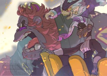 1girl 2boys amu_(omoro3bot) ape brown_fur donkey_kong_(series) donkey_kong_bananza earrings from_side glases grumpy_kong highres jewelry monkey multicolored_hair multiple_boys nintendo open_mouth poppy_kong purple_hair red_hair smile tongue tongue_out two-tone_hair void_kong white_hair wrist_cuffs