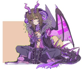 1boy animification black_boots black_cape black_gloves black_sclera boots brown_hair cape chinese_commentary colored_sclera commentary_request dragon_boy dragon_horns dragon_tail dragon_wings fur_trim gloves green_eyes heterochromia highres horns indian_style itzsubz lanchi0226 lifesteal_smp male_focus medium_hair minecraft_youtube mismatched_sclera multicolored_hair purple_eyes purple_horns simple_background sitting solo streaked_hair tail tassel wings