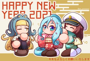Rule 34 | 2021, 3girls, ?, animal, animal on head, aqua hair, awase marina, beamed eighth notes, blonde hair, blue eyes, brown hair, brown shoes, closed eyes, commentary request, curly ends, floral print, floral print kimono, happy new year, hat, highres, japanese clothes, jikkyou powerful pro yakyuu, jikkyou powerful pro yakyuu (style), kimono, long hair, multicolored shoes, multiple girls, musical note, new year, no mouth, octavia (pawapro), octopus, on head, one eye closed, parmesan (zan parmesanne), peaked cap, pearl hair ornament, power pro appli, print kimono, rayman limbs, shoes, smile, star-shaped pupils, star (symbol), symbol-shaped pupils, tatehashi minato, twitter username, two-tone shoes, white shoes, yellow eyes