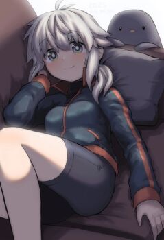 1girl antenna_hair bike_shorts bird black_jacket collared_jacket couch cushion green_eyes grey_hair highres hijikata-san_(m.m) jacket koshirae_tsurugi_(m.m) looking_at_viewer lying m.m on_couch original penguin ponytail smile webp-to-png_conversion