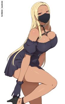 belt belt_buckle black_belt black_choker black_dress black_gloves blonde_hair breasts buckle chest_harness choker cleavage commentary curvy dark-skinned_female dark_skin dress ear_piercing earrings english_commentary eyeshadow gloves harness high_heels highres hoop_earrings jewelry kaos_art large_breasts long_hair makeup mask mouth_mask off_shoulder original piercing print_gloves red_eyes red_eyeshadow stiletto_heels thick_thighs thighs