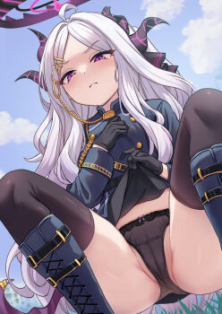 1girl ahoge belt black_belt black_bow black_gloves black_halo black_jacket black_pantyhose black_ribbon black_skirt black_thighhighs blue_archive blue_background blue_sky blush boots bow bow_panties buttons cameltoe closed_mouth clothes_lift cloud demon_girl demon_horns demon_wings disgust dot_nose double-breasted from_below frown gloves groin hair_ornament hair_ribbon hairclip half-closed_eyes halo highres hina_(blue_archive) horns jacket knees_up lace lace_panties lifting_own_clothes loli long_hair long_sleeves looking_at_viewer low_wings military_uniform milkshakework multiple_horns outdoors panties pantyhose parted_bangs purple_eyes purple_ribbon ribbon sidelocks skirt skirt_lift sky solo spread_legs squatting thighhighs thighs underwear very_long_hair white_hair wings zettai_ryouiki