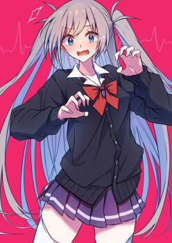 1girl black_sweater blue_eyes blue_hair blue_skirt blush bow bowtie breasts collared_shirt gradient_hair grey_hair highres long_hair long_sleeves looking_at_viewer mosui_(kori_can) multicolored_hair open_mouth original pleated_skirt red_background red_bow red_bowtie school_uniform shirt simple_background skirt small_breasts solo sweater twintails white_shirt