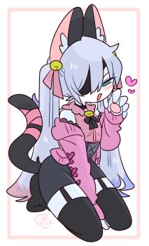 1boy animal_ear_fluff animal_ears arm_between_legs bare_shoulders bell black_choker black_corset black_ribbon black_skirt black_thighhighs blue_eyes blue_hair blush bow cardigan cat_boy cat_ears cat_tail choker claw_pose collared_shirt colored_tips commentary corset crossdressing crossdressing_(mtf) double-parted_bangs eyepatch flipped_hair frilled_shirt_collar frills full_body furrification furry furry_male garter_straps grey_tail hair_bell hair_between_eyes hair_bow hair_ornament hand_up heart highres jingle_bell legs_apart long_hair long_sleeves male_focus miniskirt multicolored_hair narrowed_eyes neck_bell neck_ribbon no_nose no_shoes off_shoulder one_eye_covered op_na_yarou open_cardigan open_clothes open_mouth original pink_bow pink_ribbon pink_shirt quad_tails red_hair ribbon rigel_(op_na_yarou) seiza shirt sidelocks simple_background sitting skirt sleeveless sleeveless_shirt solo straight_hair tail tail_ornament tail_ribbon thighhighs thighs trap very_long_hair watermark white_background white_hair