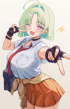 1girl :d absurdres ahoge bag black_bag black_choker black_gloves blush breasts brown_sweater chaos_zero_nightmare choker clothes_around_waist collared_shirt commentary_request cowboy_shot double_v fingerless_gloves gloves green_hair hands_up heidemarie_(chaos_zero_nightmare) highres konnzyou large_breasts looking_at_viewer necktie one_eye_closed open_mouth orange_skirt red_eyes red_necktie shirt short_hair short_sleeves simple_background skirt smile solo sweater sweater_around_waist t-shirt unworn_sweater v white_background white_shirt yellow_pupils