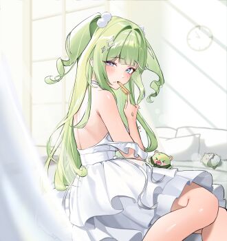 >_< 1girl absurdres analog_clock blue_eyes blush blush_stickers chico_(yuzuha_riko) chuvi_y clock come_hither commentary_request creature crumbs diamond_hair_ornament dress feet_out_of_frame fellatio food_in_mouth from_side green_hair hair_intakes hair_ornament hand_up highres indoors korean_commentary layered_dress long_hair looking_at_viewer looking_to_the_side medium_dress motion_lines multicolored_hair on_bed oral pom_pom_(clothes) pom_pom_hair_ornament sexually_suggestive simulated_fellatio sitting sleeveless sleeveless_dress solo stellive strap_slip streaked_hair turning_head two_side_up very_long_hair virtual_youtuber white_dress yuzuha_riko