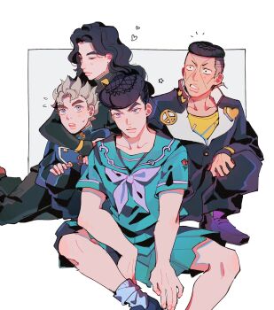 1girl 3boys absurdres blue_eyes blue_skirt closed_eyes commentary diamond_wa_kudakenai dollar_sign earrings english_commentary flying_sweatdrops gakuran heart higashikata_josuke highres hirose_koichi hug hug_from_behind invisible_chair jewelry jojo_no_kimyou_na_bouken long_hair looking_to_the_side male_focus multiple_boys neckerchief nijimura_okuyasu pompadour sailor_collar school_uniform seirorath shirt shoes short_hair simple_background sitting skirt thick_eyebrows yamagishi_yukako yellow_shirt