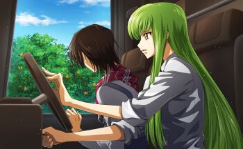 1boy 1girl artist_request black_hair breasts c.c. code_geass code_geass:_lost_stories driving food fruit game_cg green_hair highres lelouch_vi_britannia long_hair medium_breasts non-web_source official_art open_mouth orange_(fruit) purple_eyes shirt short_hair white_shirt yellow_eyes