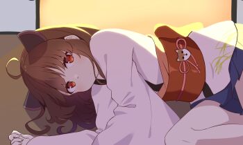 1girl ahoge backlighting blue_skirt brown_hair chaakusu closed_mouth commentary_request expressionless feet_out_of_frame fusuma hair_down hair_spread_out headgear highres japanese_clothes kimon kimono looking_at_viewer lying medium_hair miniskirt obi obiage obidome obijime on_side pleated_skirt print_kimono red_eyes red_sash sash skirt sliding_doors solo touhoku_kiritan voiceroid white_kimono wide_sleeves