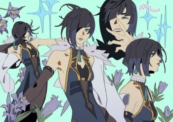 1girl bare_shoulders black_gloves black_hair blue_hair bracelet breasts closed_mouth diagonal_bangs earrings elbow_gloves flower fur-trimmed_jacket fur_trim genshin_impact gloves gold_trim green_background green_eyes hair_over_one_eye halterneck highres jacket jewelry medium_breasts multicolored_hair multiple_views onasugar parted_lips purple_flower short_hair single_elbow_glove smile solo twitter_username two-tone_hair white_jacket yelan_(genshin_impact)