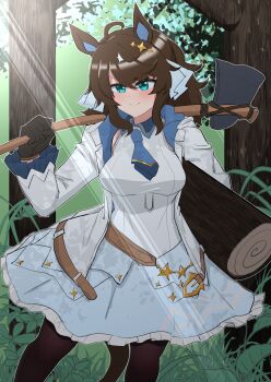 ahoge animal_ears axe belt blue_eyes blush breasts commentary_request daring_tact_(umamusume) forest gloves grass hair_between_eyes hair_ornament highres holding holding_axe holding_weapon horse_ears horse_girl horse_tail jacket lens_flare log long_hair looking_at_viewer medium_breasts nature smile tail tree umamusume veth_free weapon