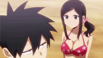 1boy 3girls animated animated_gif annoyed beach bikini black_bikini breasts cleavage igarashi_futaba kazama_souta kurobe_natsumi large_breasts looking_at_breasts multiple_girls outdoors red_bikini sakurai_touko senpai_ga_uzai_kouhai_no_hanashi swimsuit tagme