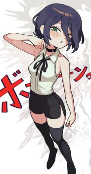 1girl :o bare_shoulders batrobin_k black_choker black_hair black_ribbon black_shorts black_thighhighs blush breasts chainsaw_man choker collared_shirt covered_erect_nipples full_body green_eyes hair_between_eyes hashtag-only_commentary highres looking_at_viewer neck_ribbon reze_(chainsaw_man) ribbon shirt short_hair shorts simple_background sleeveless sleeveless_shirt small_breasts solo standing thighhighs white_background white_shirt