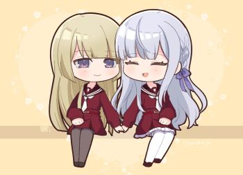 2girls :d =_= assault_lily belt_buckle blonde_hair blunt_bangs blush braid brown_pantyhose brown_sailor_collar brown_shoes buckle chibi closed_eyes commentary floral_background frilled_skirt frills full_body grey_hair hair_ribbon hand_on_lap heads_together heart heart_background high-waist_skirt highres holding_hands kanba_girls_high_school_uniform kon_kanaho legs_together long_hair looking_at_another miyagawa_takane multiple_girls necktie open_mouth pantyhose ponokaijo purple_eyes purple_ribbon red_shirt red_skirt ribbon sailor_collar school_uniform serafuku shirt shoes short_necktie side_braid sidelocks sitting skirt smile thighhighs twitter_username very_long_hair white_necktie white_thighhighs yellow_background