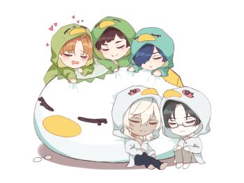 5boys akutsu_mabu black_hair blonde_hair blush brown_hair chibi chibi_only closed_eyes closed_mouth dishzanmai drooling freckles glasses hair_over_one_eye highres hood hood_up jinnai_enta kappa kappa_costume keppi kuji_toi male_focus mouth_drool multiple_boys niiboshi_reo rectangular_eyewear sarazanmai smile tan unworn_eyewear yasaka_kazuki