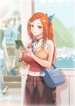 1girl bag bare_shoulders between_breasts blurry blurry_background bracelet braid breasts brown_pants cleavage closed_mouth commentary_request ge_xi hair_ornament hair_ribbon halterneck handbag highres holding holding_bag jewelry large_breasts lien_ai-chiang long_hair midriff navel orange_eyes orange_hair orange_tank_top pants parted_bangs ponytail ribbon smile solo_focus strap_between_breasts string_choker tank_top watch witches_in_7th_base