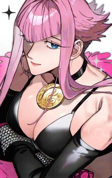 1girl black_pants blue_eyes breasts commentary dougi feather_boa gloves highres impossible_hair large_breasts looking_at_viewer manon_legrand medal medallion official_alternate_costume pants pink_gloves pink_hair short_hair_with_long_locks sidelocks smile solo street_fighter street_fighter_6 studded_gloves tight_clothes trnnmnm4