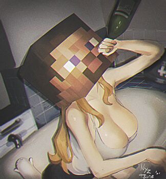 1girl absurdres alcohol bathtub beer blonde_hair breasts highres large_breasts minecraft nagilamagykalz nuko_(shoujo_shuumatsu_ryokou) steve_(minecraft) what yuuri_(shoujo_shuumatsu_ryokou)