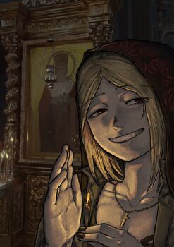 Rule 34 | absurdres, black nails, blonde hair, blurry, blurry background, brown eyes, church, cross, cross necklace, dark, dim lighting, grin, highres, icon (religion), jewelry, lamp, limestone (artist), looking at viewer, marichka, necklace, original, painting (medium), praying, russo-ukrainian war, short hair, smile, teeth, traditional media, yellow eyes