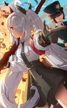 Rule 34 | 2girls, absurdres, black gloves, black hat, black jacket, black ribbon, black skirt, blue archive, blunt bangs, blunt ends, bolt action, closed mouth, collared shirt, commentary request, dark-skinned female, dark skin, explosion, finger gun, gloves, grey hair, gun, hair over eyes, hair over one eye, hair ribbon, halo, hat, high-waist skirt, highres, holding, holding gun, holding weapon, iori (blue archive), jacket, korean commentary, long hair, mauser 98, multiple girls, necktie, prefect team member (blue archive), purple halo, red eyes, red halo, red necktie, ribbon, rifle, shirt, short hair, sidelocks, skirt, taylor (41848077), twintails, very long hair, weapon, white shirt