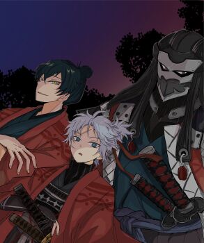 Rule 34 | 3boys, armor, black hair, black kimono, blue eyes, chonmage, fate/grand order, fate (series), genibun, green eyes, hair knot, haori, hattori takeo (fate), highres, itou kashitarou (fate), japanese armor, japanese clothes, katana, kimono, multiple boys, ponytail, red haori, scar, scar on face, scar on forehead, sheath, sheathed, sword, topknot, toudou heisuke (fate), turtleneck, weapon, white hair