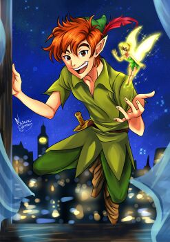 1boy absurdres black_footwear blonde_hair blue_eyes boots brown_eyes brown_hair bug dress fairy feathers fly fly_agaric green_dress green_hat green_shirt green_tunic hat hat_feather highres inker_bell_(novel_character) insect leaf mushroom peter_pan_(novel) pointy_ears red_feathers shirt short_hair size_difference sword tinker_bell_(disney) toon_(style) tunic walt_disney&#039;s_peter_pan watermark weapon