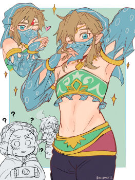 1boy 1girl ? aorin_(riley17_a) armpits bare_shoulders blue_eyes blush brown_hair champion&#039;s_tunic_(zelda) crop_top crossdressing crossdressing_(mtf) detached_sleeves embarrassed gerudo_set_(zelda) headdress heart highres jewelry link multiple_views navel nintendo official_alternate_costume one_eye_closed princess_zelda sheikah_slate simple_background sketch the_legend_of_zelda the_legend_of_zelda:_breath_of_the_wild the_legend_of_zelda:_tears_of_the_kingdom trap