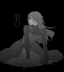Rule 34 | 1girl, black background, blood on ground, collared dress, dress, facing to the side, formal, hair between eyes, half updo, highres, lace dress, long dress, long hair, long sleeves, on floor, see-through, see-through dress, see-through sleeves, simple background, solo, sousou no frieren, ubel (sousou no frieren), yasato83