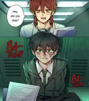 Rule 34 | 2boys, artist name, black hoodie, brown eyes, brown hair, collared shirt, commentary, degrees of lewdity, english commentary, english text, green eyes, green necktie, hood, hoodie, kylar (degrees of lewdity), kylar (male) (degrees of lewdity), locker, miyoou11, multiple boys, necktie, open mouth, paper, player character (degrees of lewdity), player character (male) (degrees of lewdity), shirt, sound effects, speech bubble, white shirt