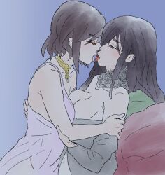 Rule 34 | 2girls, absurdres, alice gear aegis, bed, bed sheet, bedroom, black hair, blush, breasts, brown hair, closed eyes, closed mouth, highres, imminent kiss, indoors, kagome misaki, kiss, large breasts, long hair, lying, mole, mole under eye, multiple girls, niiya serina, nipples, on bed, open mouth, shizuna (euorobib1059), short hair, simple background, underwear, yuri