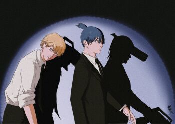 Rule 34 | 2boys, assault rifle, black hair, black jacket, black necktie, black pants, blonde hair, chainsaw, chainsaw man, collared shirt, denji (chainsaw man), different shadow, earrings, formal clothes, gun, gun devil (chainsaw man), hayakawa aki, highres, jacket, jewelry, looking at viewer, male focus, multiple boys, necktie, nenashibito, pants, rifle, shirt, shirt tucked in, short hair, sideways glance, sleeves rolled up, slouching, spotlight, stud earrings, suit, suit jacket, topknot, weapon, white shirt