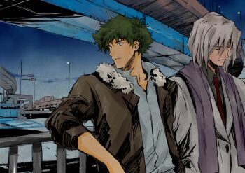 2boys absurdres against_railing brown_jacket closed_eyes closed_mouth collared_shirt cowboy_bebop fur-trimmed_jacket fur_trim green_hair grey_hair grey_shirt hair_between_eyes highres jacket male_focus multiple_boys necktie parted_lips purple_scarf railing red_necktie scarf shirt short_hair spike_spiegel tobalin upper_body vicious_(cowboy_bebop) white_jacket