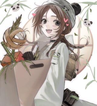 Rule 34 | 1girl, anne lester, anne lester (cognition enlightener), bamboo, belt collar, black collar, blush stickers, box, braid, brown eyes, brown hair, collar, commentary request, grey shirt, heart, highres, holding, holding box, hood, hood down, hooded jacket, identity v, jacket, kanichan000, looking at viewer, multiple braids, open mouth, panda hat, shirt, simple background, smile, solo, upper body, white background, white jacket