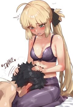 1boy 1girl ^^^ absurdres ahoge artoria_caster_(fate) artoria_pendragon_(fate) bad_link bare_arms bare_shoulders bed_sheet black_bow black_hair blonde_hair blush bow bra breasts cleavage ear_blush ebora face_down face_in_crotch fate/grand_order fate_(series) fujimaru_ritsuka_(male) furrowed_brow green_eyes hair_bow hands_on_another&#039;s_head heavy_breathing highres inhaling lace lace_bra lace_panties long_hair looking_down messy_hair on_lap panties pantyhose purple_bra purple_panties purple_pantyhose seiza shiny_skin short_hair sidelocks simple_background sitting skindentation small_breasts smelling smelling_clothes smelling_pantyhose steaming_body sweat tank_top thighs twintails underwear underwear_only very_long_hair white_background white_tank_top