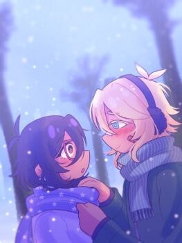 1boy 1girl adjusting_another's_clothes alternate_costume alternate_skin_color antenna_hair basil_(faraway)_(omori) basil_(omori) black_hair blonde_hair blue_eyes blue_scarf blurry blurry_background blush bright_pupils brown_eyes closed_mouth coat commentary dark-skinned_female dark-skinned_male dark_skin donuqx earrings english_commentary glasses green_coat hair_between_eyes jewelry long_sleeves looking_at_another medium_hair mincy_(omori) omori parted_lips purple_coat purple_scarf red-framed_eyewear scarf short_hair sidelocks smile snowing star_(symbol) star_print striped_clothes striped_scarf vertical-striped_clothes vertical-striped_scarf white_pupils zipper