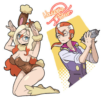 1boy 1girl absurdres animal_ears blonde_hair blue_eyes breasts brown_leotard buneary buneary_(cosplay) closed_eyes closed_mouth cocktail_shaker collared_shirt colored_tips cosplay curtained_hair detached_collar dot_nose fake_animal_ears fake_tail full_body fur_collar fur_wrist_cuffs gen_4_pokemon gen_6_pokemon griselle_(pokemon) grisham_(pokemon) hair_between_eyes hair_pulled_back hands_up highleg highleg_leotard highres holding_cocktail_shaker kneeling leotard long_hair loose_hair_strand lopunny lopunny_(cosplay) low_ponytail malamar malamar_(cosplay) motion_blur multicolored_hair neon_sign nintendo nontraditional_playboy_bunny orange_hair playboy_pokemon pokemon pokemon_legends:_z-a ponytail purple_vest rabbit_ears rabbit_pose rabbit_tail sach56000 shaking shiny_skin shirt short_ponytail sleeves_rolled_up socks split_mouth strapless strapless_leotard streaked_hair tail thighs two-tone_hair vest white-framed_eyewear white_background white_hair wrist_cuffs yellow_socks