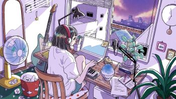 1girl barefoot black_eyes black_hair chair city_lights clock cloud cloudy_sky colored_skin commentary computer desk electric_guitar emamemamo33 from_behind full_body guitar headphones highres indoors instrument iridescent_hair japan keyboard_(instrument) knees_up lamp laptop mirror on_chair original plant potted_plant shirt short_hair shorts sky skyline slice_of_life solo sticky_note t-shirt toenails train trash trash_can wall_clock white_shirt white_skin window window_blinds