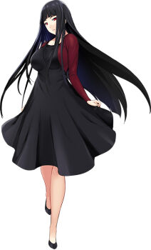 1girl atlach-nacha black_dress black_hair black_shoes breasts choukou_(alicesoft) choukou_taisen_escalation_heroines dress full_body hirasaka_hatsune large_breasts long_hair official_art onigirikun red_eyes shoes solo tachi-e