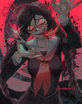1girl artist_name black_serafuku black_shirt black_skirt blush braid breasts collared_shirt commentary danganronpa:_trigger_happy_havoc danganronpa_(series) english_commentary eyelashes fukawa_toko genocider_shou glasses glint highres holding holding_scissors holding_weapon justmarrik long_hair long_sleeves long_tongue mole mole_under_mouth neckerchief nose_blush open_mouth outline purple_hair red_eyes red_neckerchief red_outline round_eyewear sailor_collar school_uniform scissors serafuku shirt skirt skirt_set smile solo sound_effects sweat teeth tongue tongue_out twin_braids twintails upper_teeth_only very_long_hair weapon white_sailor_collar