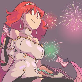 american_flag burger celica_(fire_emblem) davewaterfalls earrings fire_emblem fire_emblem_echoes:_shadows_of_valentia fireworks grima_(fire_emblem) jewelry looking_at_viewer nintendo red_eyes red_hair tiara