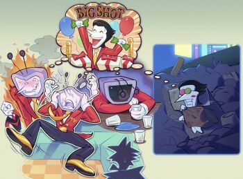 1boy 1other 3boys anger_vein ant_tenna arms_on_table balloon belt_buckle black_hair black_pants box buckle circle_facial_mark coin_stack collared_shirt colored_skin crt cup deltarune drinking_glass dumpster fire flying_sweatdrops gift gift_box gloves heterochromatic_eyewear highres holding holding_cup holding_money image_in_thought_bubble jacket kaiben-san_tarou long_nose male_focus money multiple_boys multiple_views necktie object_head outline pants pippins_(deltarune) pointy_nose radio_antenna red_jacket round_eyewear shadowguy_(deltarune) shared_thought_bubble shirt shoes short_hair small_sweatdrop solo spamton_g._spamton spamton_g._spamton_(big_shot) speech_bubble spill sweat tailcoat teeth thought_bubble tinted_eyewear trash utdr_(toby_fox) white_gloves white_outline white_shirt white_skin yellow_necktie yellow_shoes